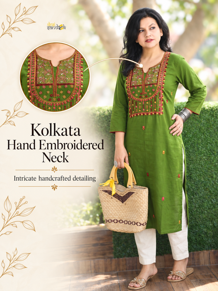 Shristhi Tree Green Kolkata Hand Embroidered Cotton Kurti