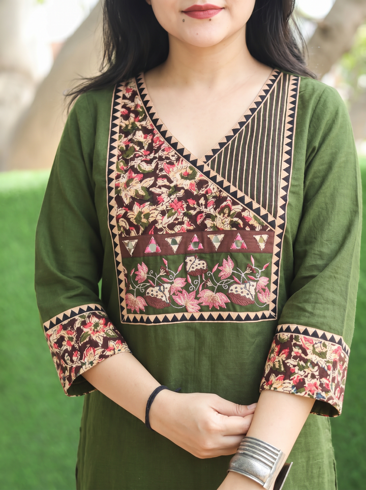 Sayami Green Kalamkari Angrakha Cotton Kurti