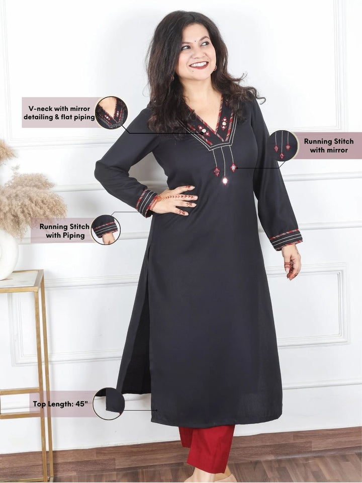 Anjali Ebony Black V Neck with Mirror in Patch Work Semi Pashmina Winter Kurti