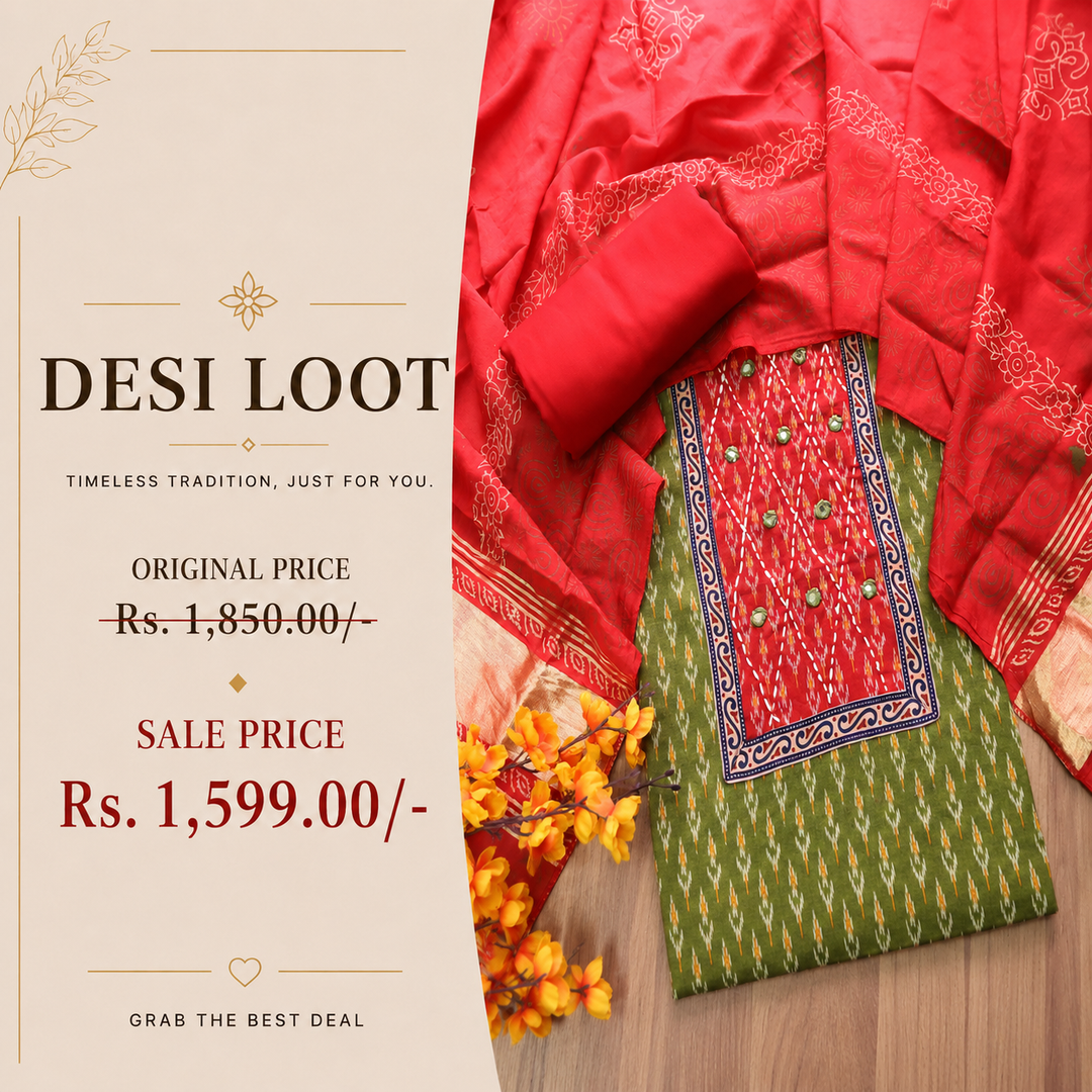 Sangroop Pine Green with Red Ikkat Printed Cotton Suit Set