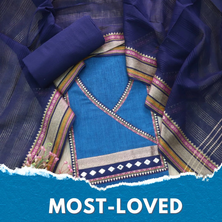 Rubi Sapphire Blue Angrakha Style Neck South Cotton Temple Hem Suit Set