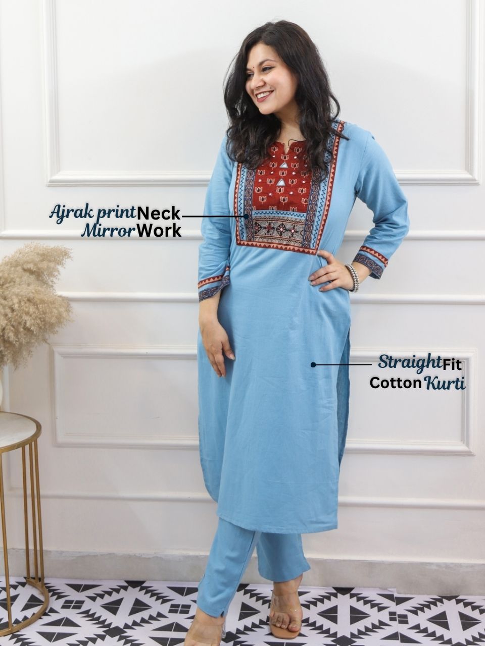 Raanjhaan Sapphire Blue Kutch Neck Work Cotton 2 Piece Set