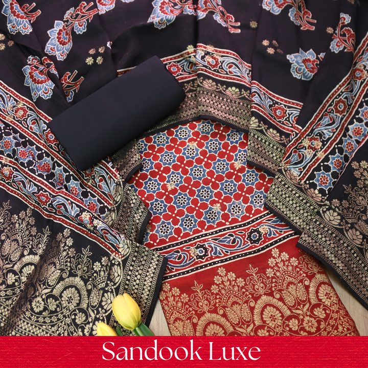Musafir Marron Red Zari Woven Hem Ajrak Printed Dola Silk Set
