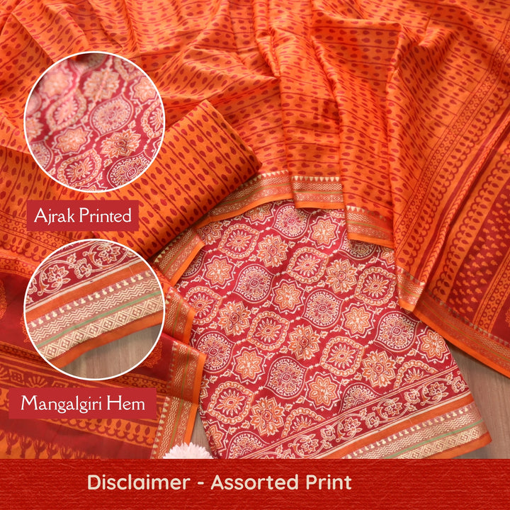 Zinat Coral Orange Ajrak Printed in Mangalgiri Hem Work Cotton Suit Set D1