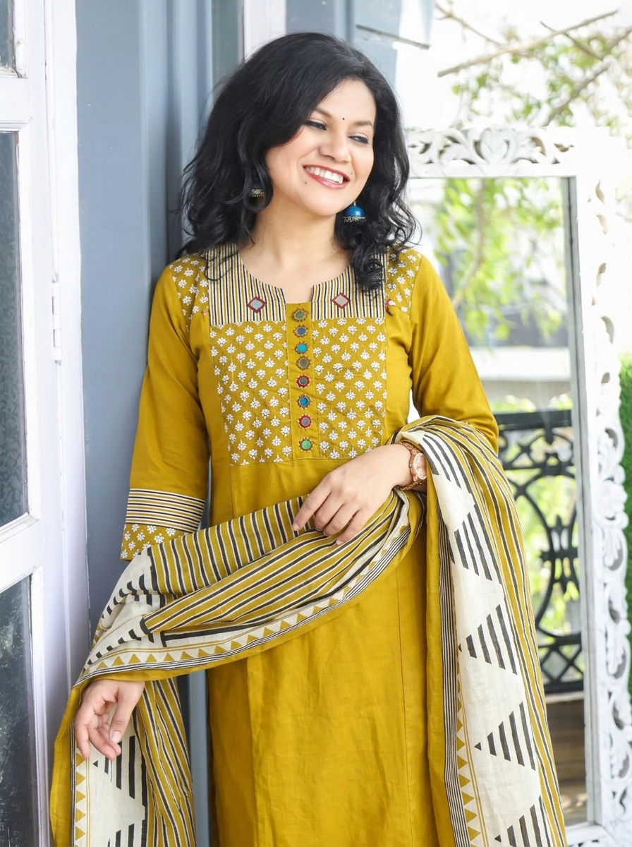 Jessica Turmeric Yellow Mirror Yoke Cotton 3 Piece Set