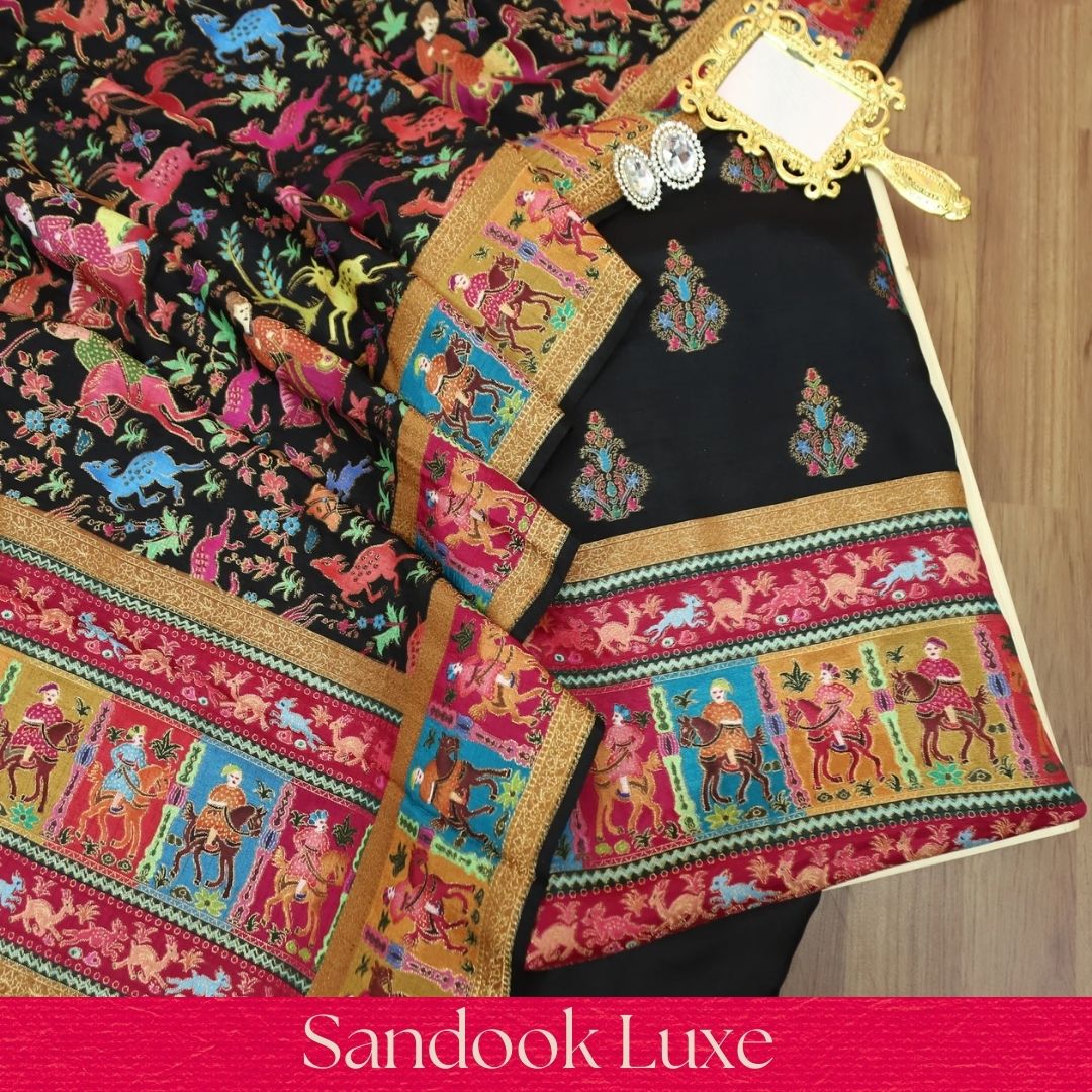 Saraayah Black Luxe Pochampally Print in Pogishan Jacquard Weaved Gajji Silk Set