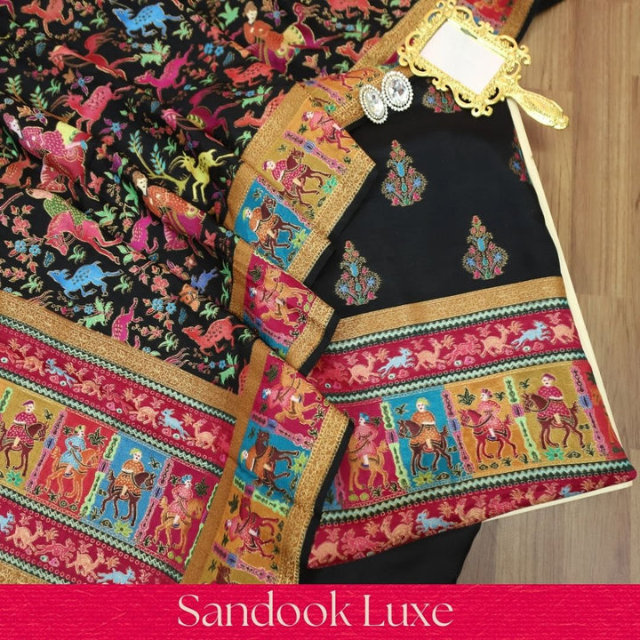 Saraayah Black Luxe Pochampally Print in Pogishan Jacquard Weaved Gajji Silk Set