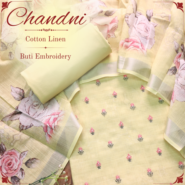 Chandni Butter Yellow Thread Floral Buti Work Cotton Linen Suit Set