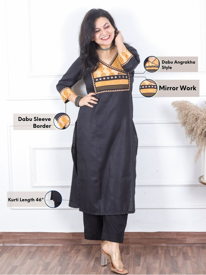 Dua Raven Black with Dabu Print Patch Angrakha Style Neck Magic Linen Kurti