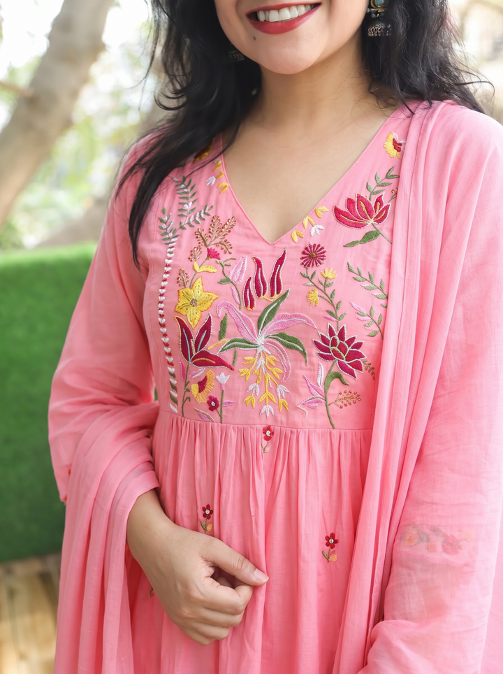 Shiwangi Candy Pink Embroidered Mul Cotton 3 Piece Set