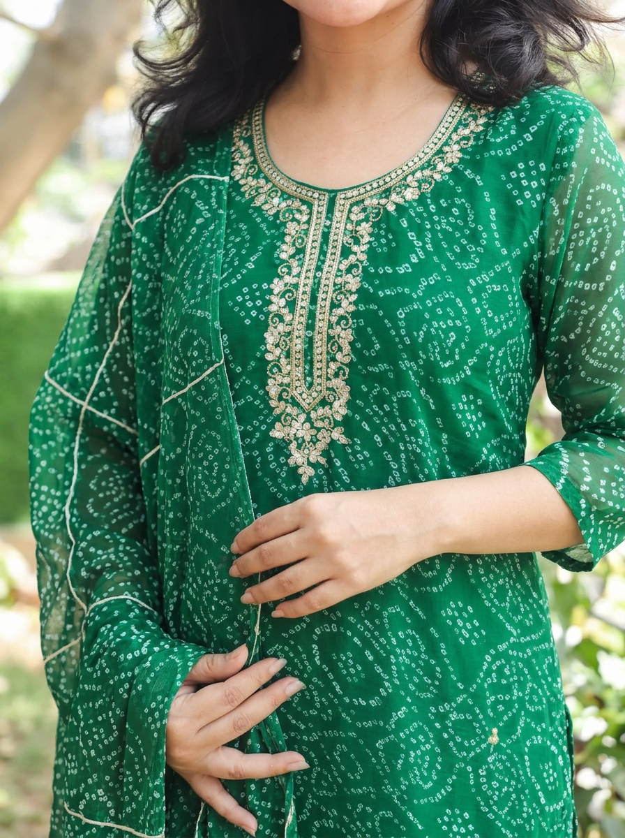 Bahaar Green Embellished Bandhani Georgette 3 Piece Set