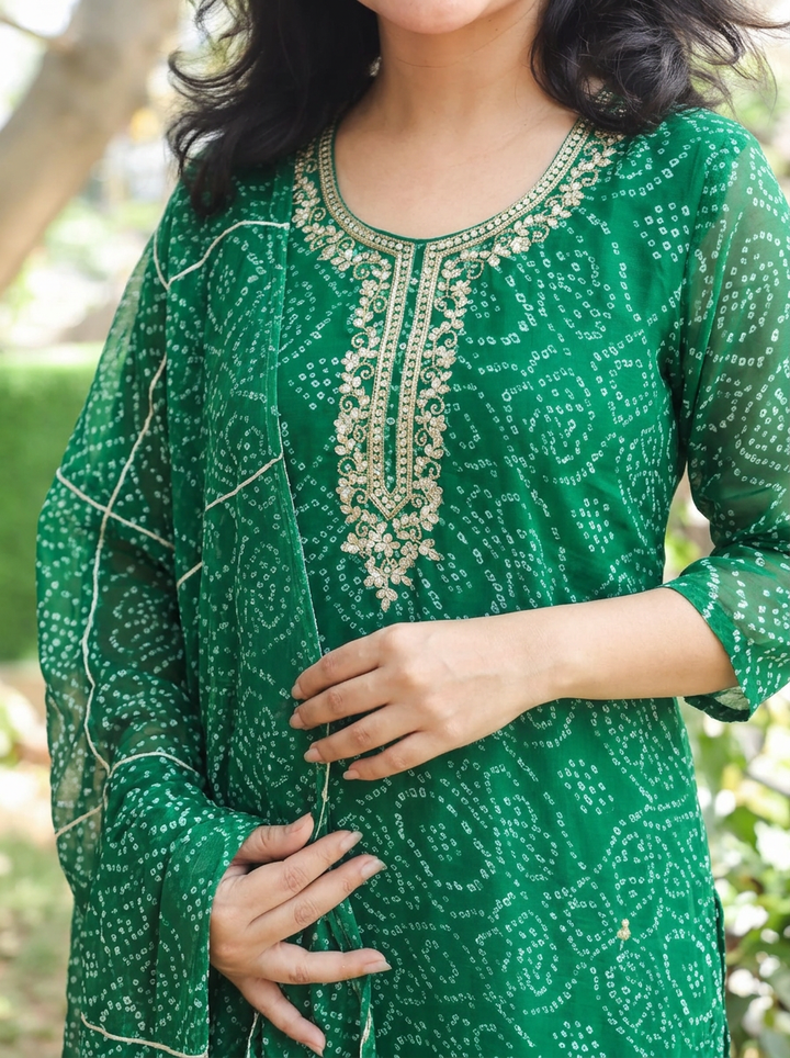 Bahaar Green Embellished Bandhani Georgette 3 Piece Set