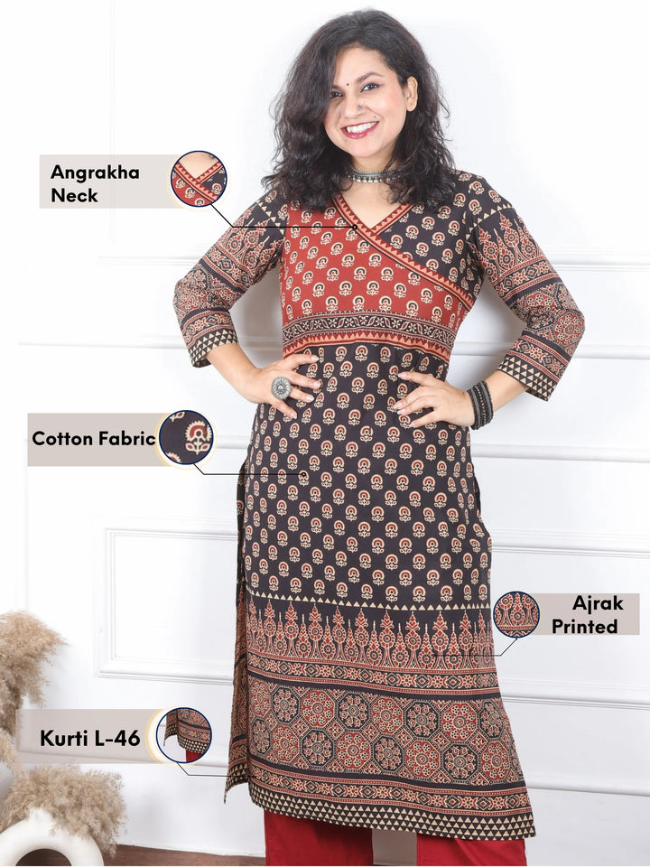 Shaniya Rouge Black Angrakha Neck Style Ajrak Printed Cotton Kurti