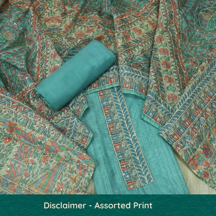 Khalasi Ocean Blue Madhubani Printed Chanderi Kantha Work Suit Set