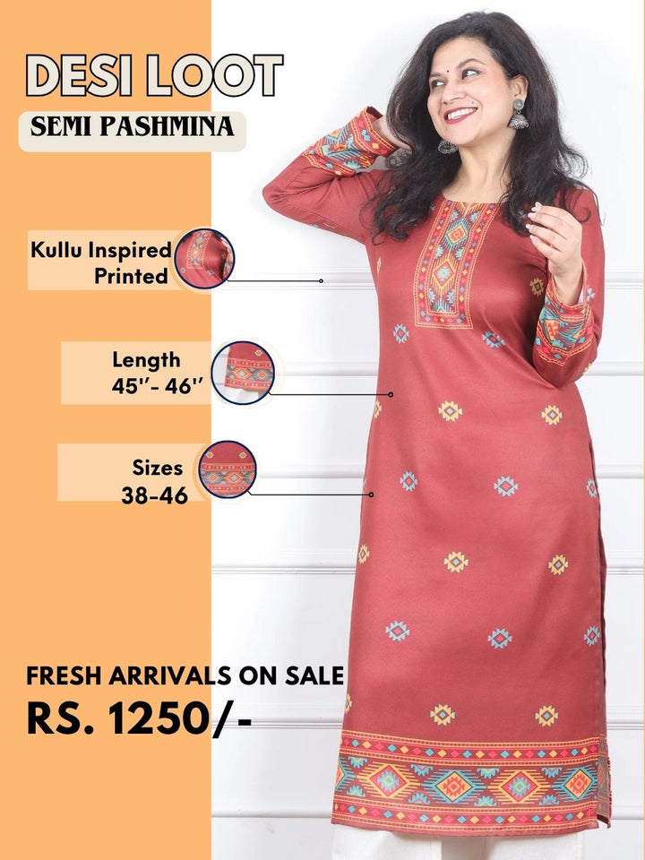 Zinat Burnt Red Kullu inspired Printed Semi Pashmina Kurti