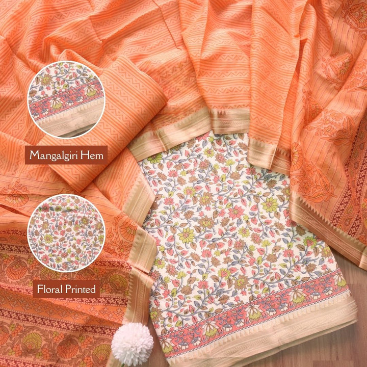 जीनत White with Orange Floral Printed Mangalgiri Hem Work Cotton Suit Set