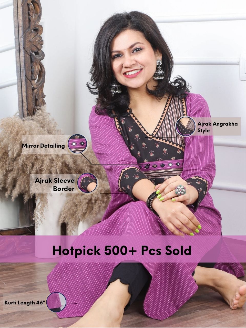 Ada Dark Purple in Angrakha Style Neck Printed Patch Kantha Work Kurti