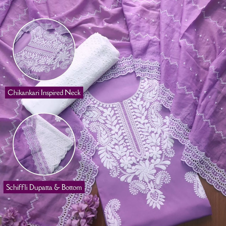 Nadaani Tulip Orchid Chikankari Inspired Neck Thread Work Cotton Suit Set
