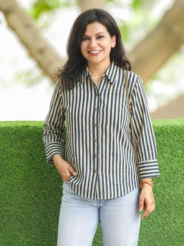 Himani Black White Stripe Print Wood Button Cotton Shirt
