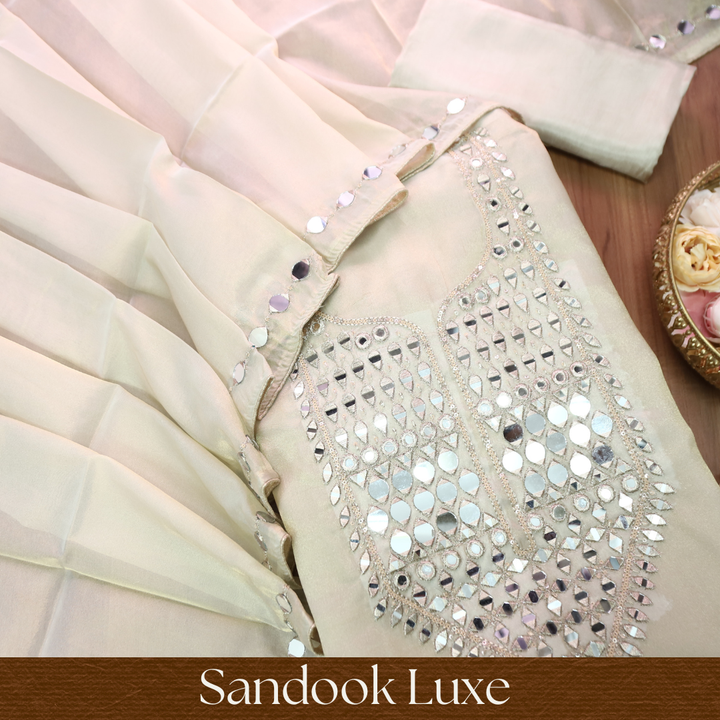 Nandini Creme Beige Zari with Mirror Work Shimmer Tissue Linen Set