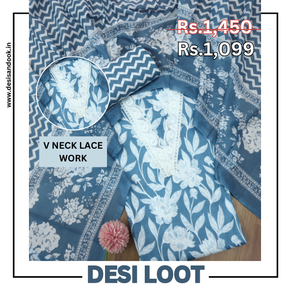 Gulbahar Steel Blue V Neck Lace Work Floral Printed Cotton Suit Set