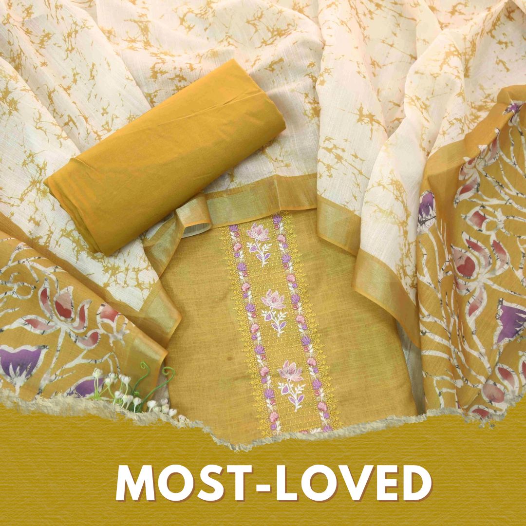 Noorani Dijon Yellow Thread Embroidered Neck Work Cotton linen suit Set