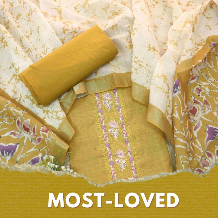 Noorani Dijon Yellow Thread Embroidered Neck Work Cotton linen suit Set