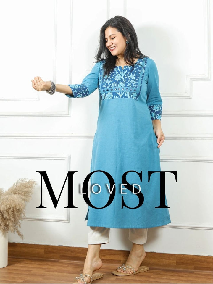 Shaayraana Sapphire Blue Kutch Patch Neck Work Cotton Flex Kurti