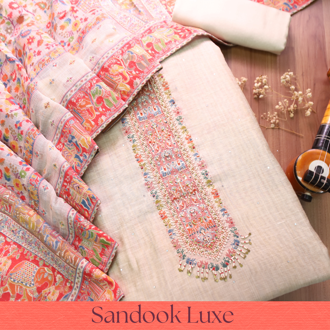 Aarini Hazel Beige Moti Work Jamdani Weaved Chanderi Silk Set