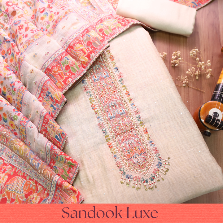 Aarini Hazel Beige Moti Work Jamdani Weaved Chanderi Silk Set