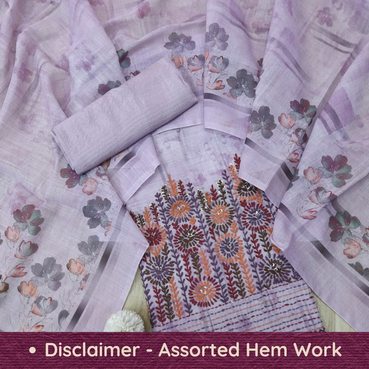 Zulfa Soft Purple Digital Printed Kantha Embriodery Hem Tissue Linen Suit Set