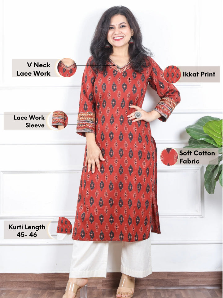 Daarshvi Cherry Red Printed V Neckline Lace Work Cotton Kurt