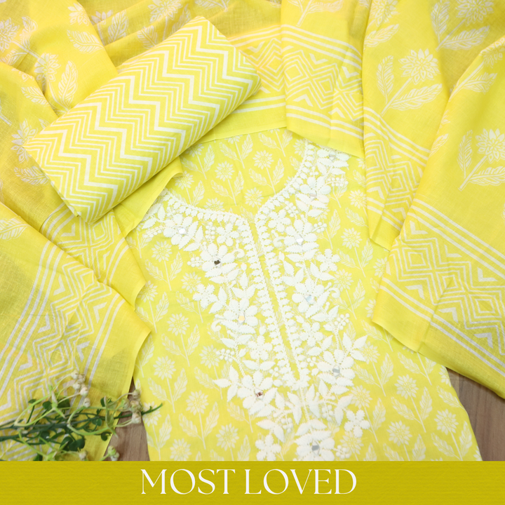Aaruhi Corn Yellow Chikankari Inspired Neck Printed Cotton Set