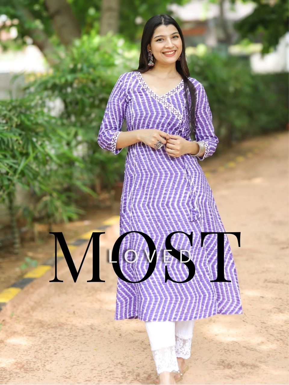 Barkha Berry Purple Angrakha Neck In leheriya Printed Cotton Kurti