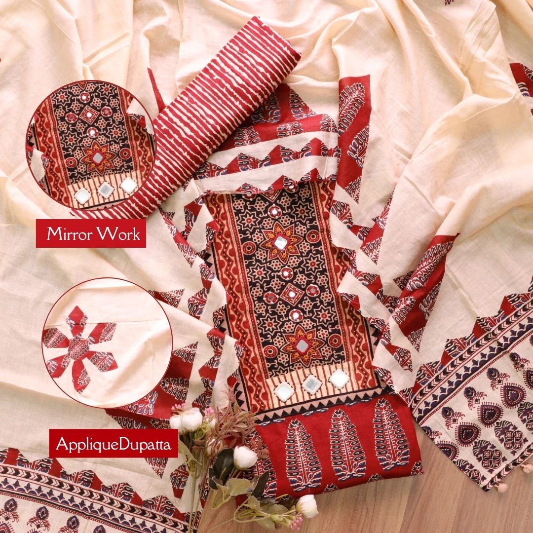 Kakaswi Apple Red Mirror with Ajrak Print Patch Work Printed Cotton Suit Set