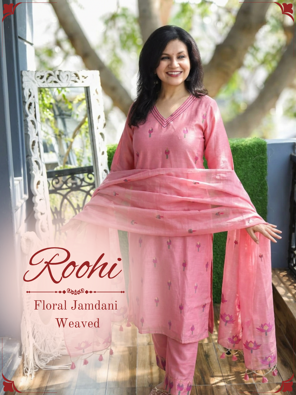 Roohi Pink Floral Jamdani Weaved 3 PIece Set