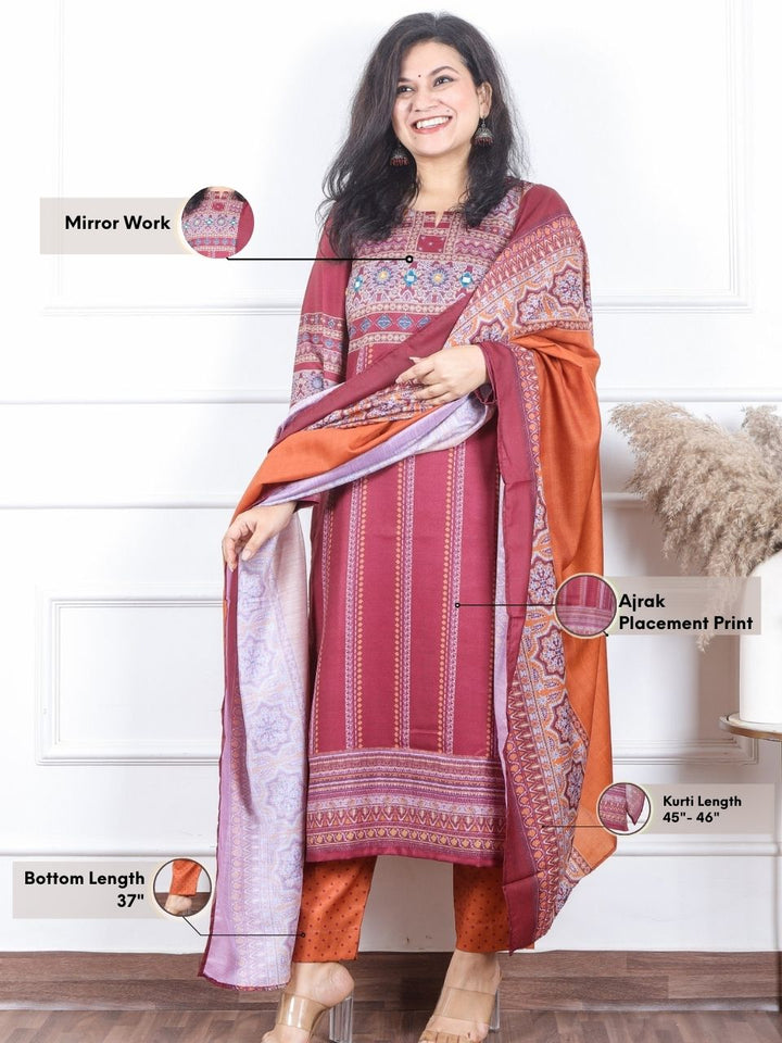 सुनहरी Cherry Red Ajrak Placement Print with Mirror Semi Pashmina Winter 3 Piece Set