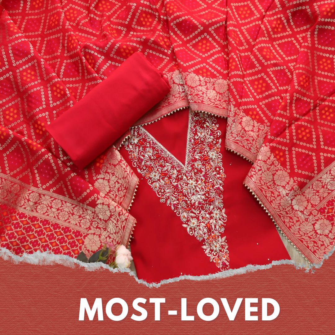 Bandegi Bride Red Designer Heavy V Neck Work Modal Suit Set