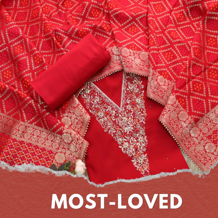 Bandegi Bride Red Designer Heavy V Neck Work Modal Suit Set