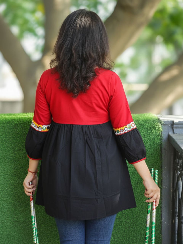 Navrang Raven Black Kutchi Mirror and Thread Work with Knot Peplum Short Cotton Kurti