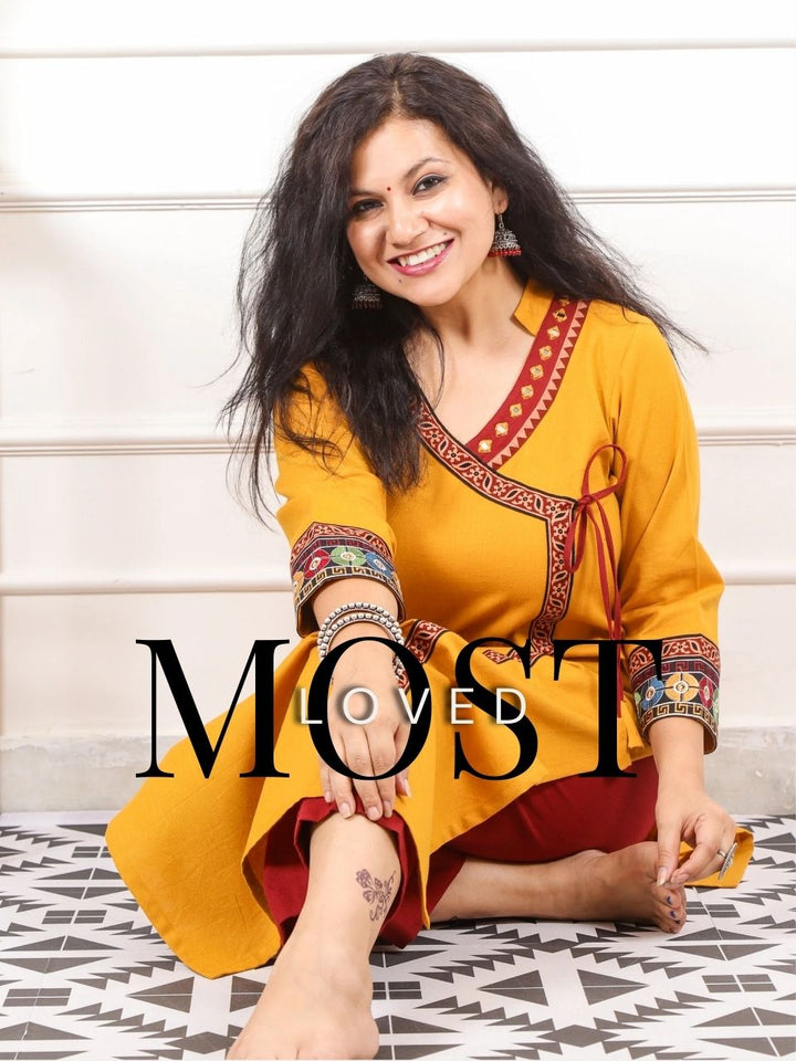 Raavi Mustard Yellow Long Angrakha Style Neck Cotton Flex Kurti