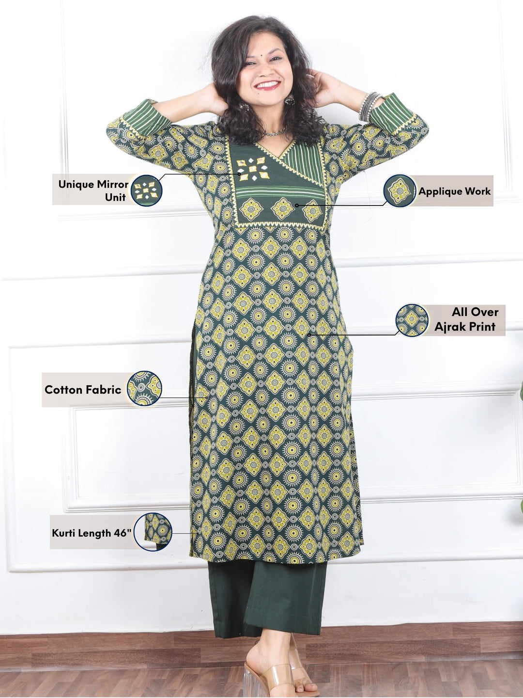 Dilbara Pine Bottle Green Angrakha Neck with Mirror Ajrak Printed Cotton Kurti