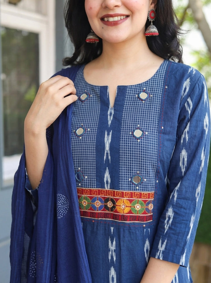 Radhika Navy Blue Mirror Embroidered Cotton 3 Piece Set