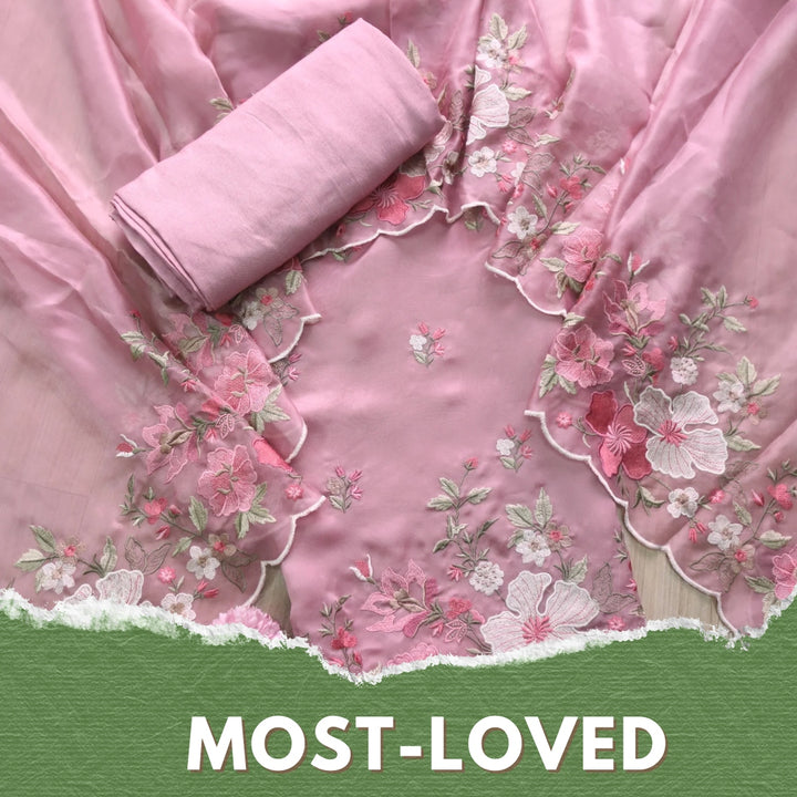 Alhada Mauve Pink Thread Work Embroidered Organza Tissue Suit Set