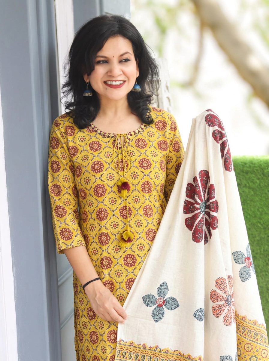 Jessica Dandelion Yellow Ajrak Print Cotton 3 Piece Set