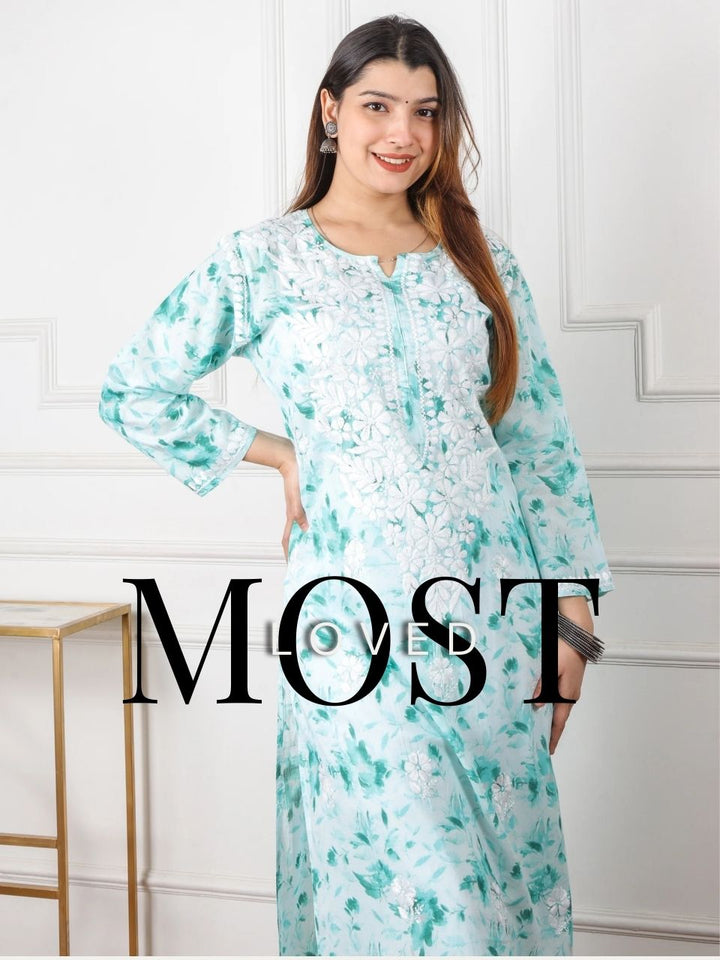 Kalakaar Ocean Green Floral Printed Chikankari Mul Cotton Kurti