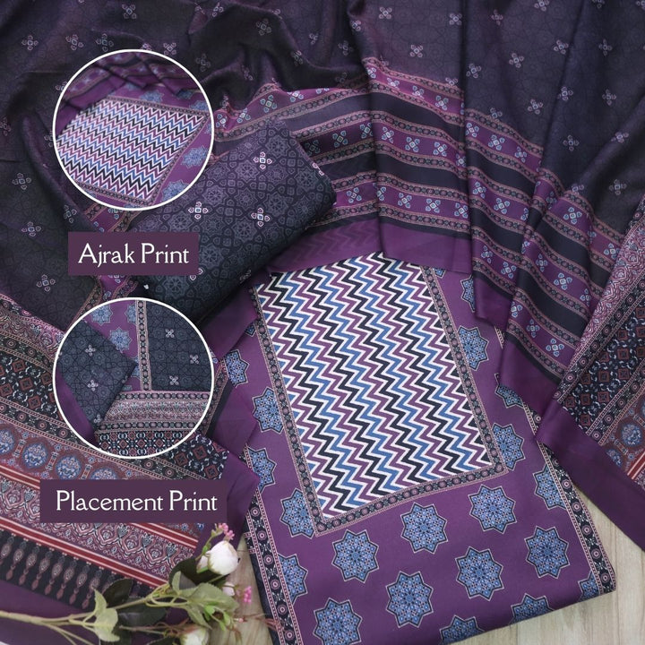 सुनहरी Purple Ajrak Placement Printed Semi Pashmina Winter Set