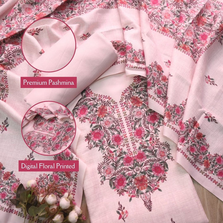 Kalaiyaan Petal PInk Floral Printed Semi Pashmina Winter Suit Set