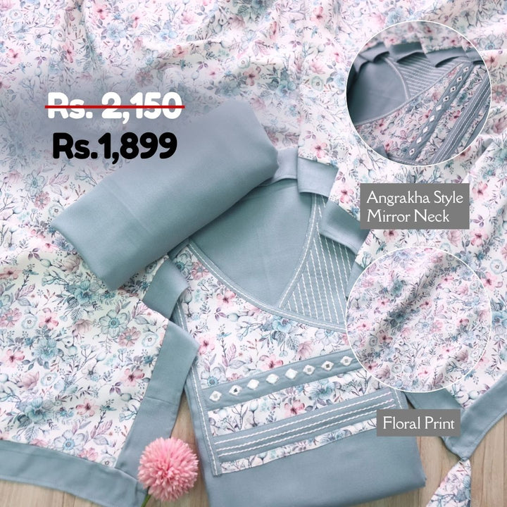 Paak Winter Mint Angrakha Neck with Mirror Work Semi Pashmina Winter Set