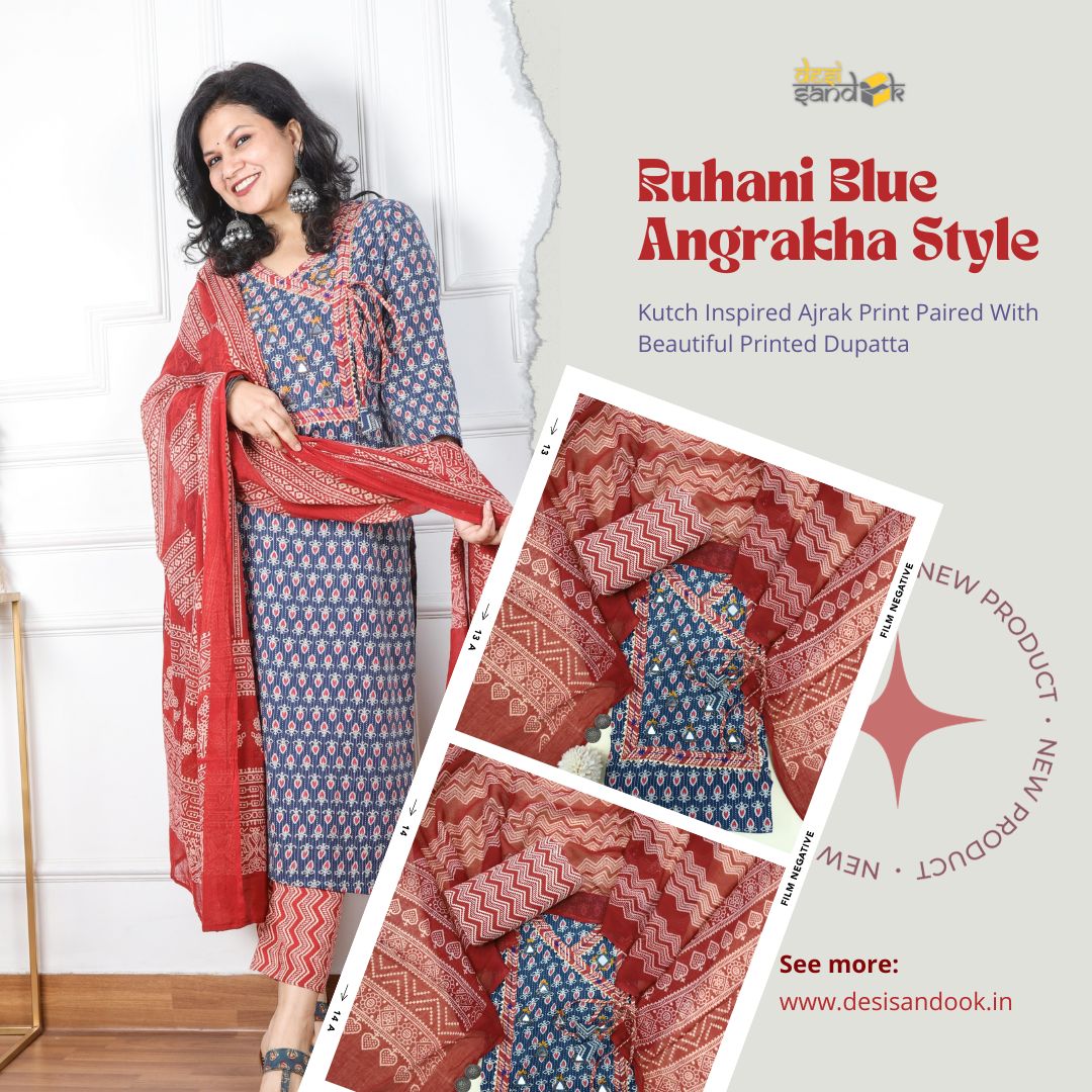 Ruhani Denim Blue Angrakha Style with Mirror Work Cotton Suit Set